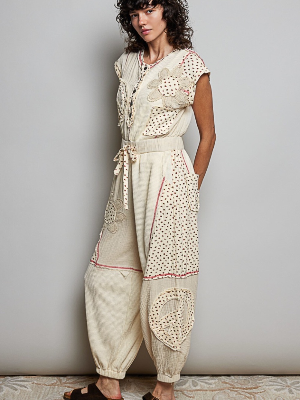 "The Claire" Cream Patchwork Flower Peace Sign Jumpsuit